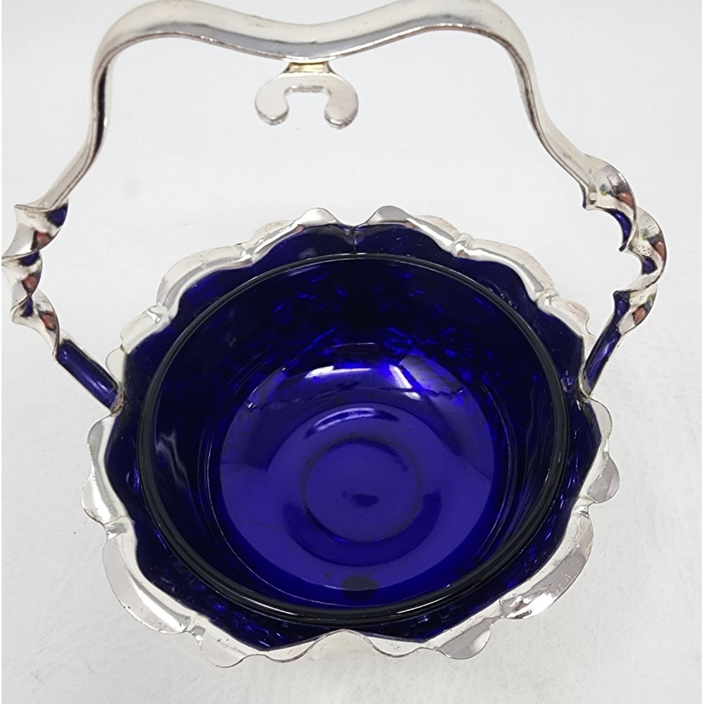 Mayell Silverplated Basket and Spoon w Cobalt Blue Glass Jam Relish Bowl England - Picture 7 of 16